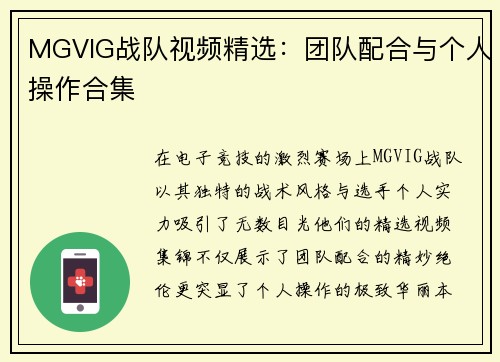 MGVIG战队视频精选：团队配合与个人操作合集